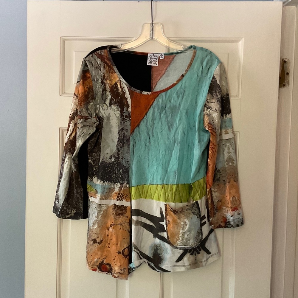 Parsley & Sage Abstract Patchwork Art to Wear Artsy Tunic Top Multi Color Small